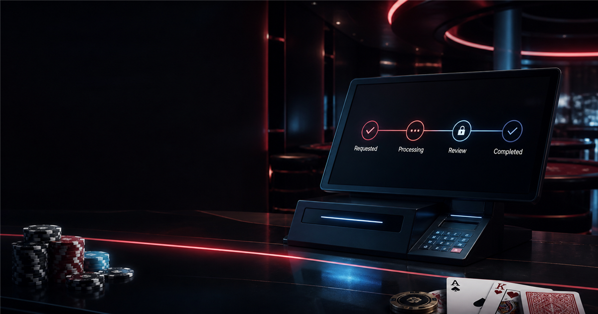 Incognito Casino cashier scene with a withdrawal status console